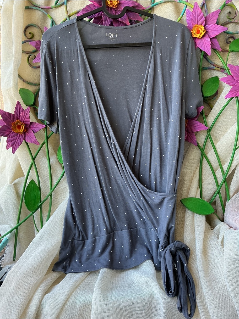 LOFT Charcoal Gray with White mini Polka Dot Wrap-Front Top